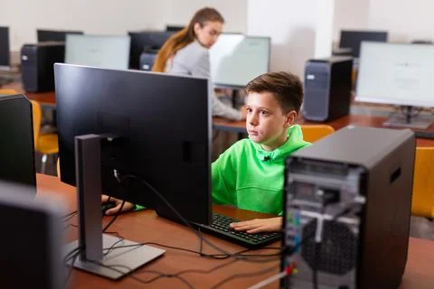 Schoolboy using PC during computer science lesson 스톡 사진