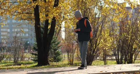 Schoolboy using smartphone in autumn park. Student checks mobile device during Stock Footage 343855232