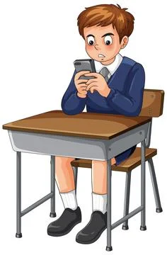 Schoolboy Using Smartphone at Classroom Desk Stock Illustration