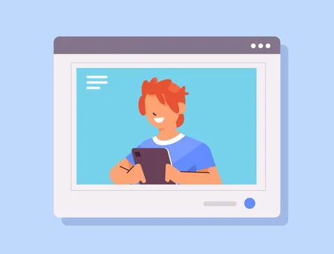 Schoolboy using tablet pc smiling guy with gadget in web browser window Stock Illustration