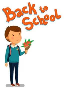 Schoolboy vector. Happy schoolboy with backpack holding bouquet of flowers Illustrazione stock