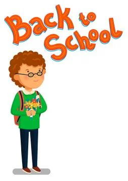 Schoolboy vector. Happy schoolboy with backpack holding bouquet of flowers Stock Illustration