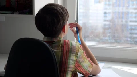 Schoolboy writes essay for school sitting in front of window Stock Footage 308437837
