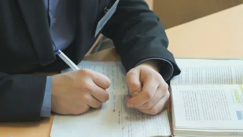 Schoolboy writes text in exercise book on lesson Stock Footage 70178823