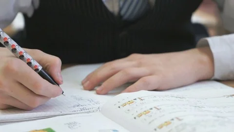 Schoolboy writes the text in the notebook indoors Vídeo Stock 70071802