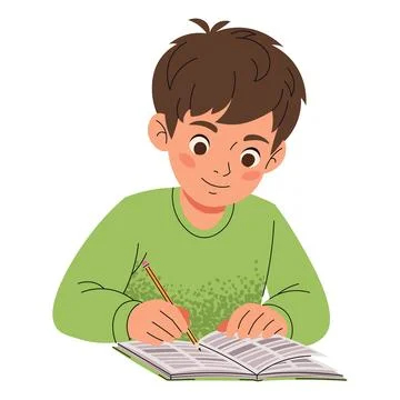 Schoolboy Writing Homework in Notebook, Flat Style Illustration. Child Doing Stock Illustration