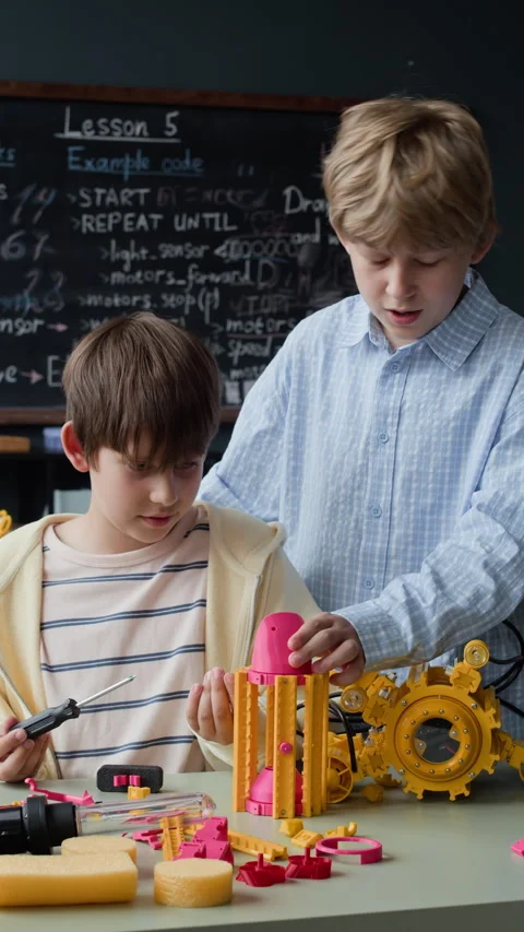 Schoolboys Assembling Robotic Toy Model in Stem Science Class Stock Footage 339196091