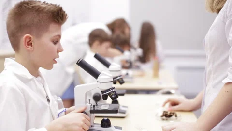 Schoolboys looking through microscope in laboratory Stock Footage 86930537