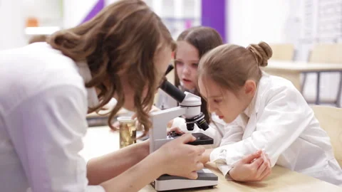 Schoolboys looking through microscope in laboratory Stock Footage 86930665