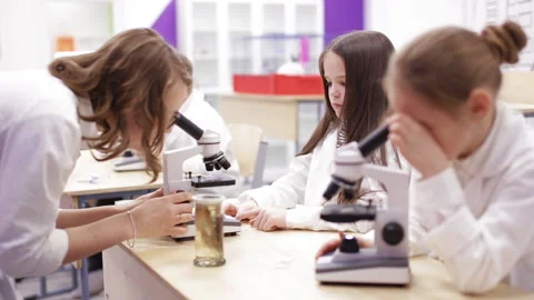 Schoolboys looking through microscope in laboratory Stock Footage 88860248