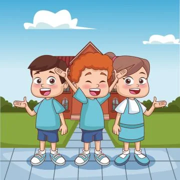 Schoolboys outside school building Ilustración de archivo