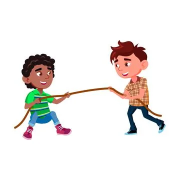 Schoolboys Pulling Rope On Competition Game Vector Stock Illustration