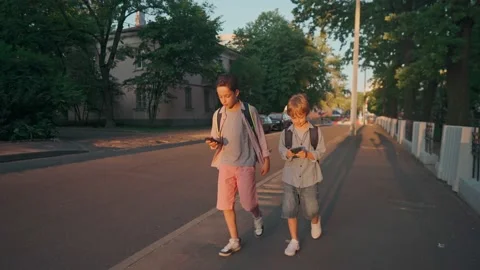 The schoolboys returning from school in a sunset time. Stock-Footage 157822579
