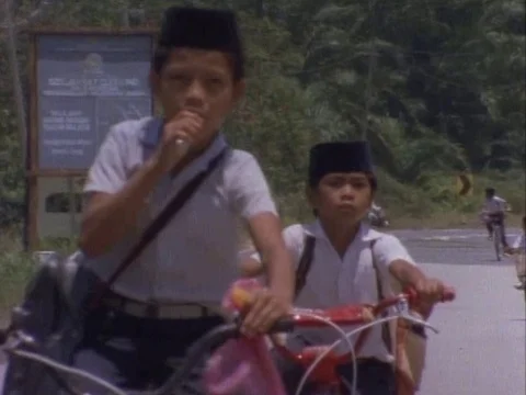 Schoolboys riding bicycle on highway Stock Footage 79882449