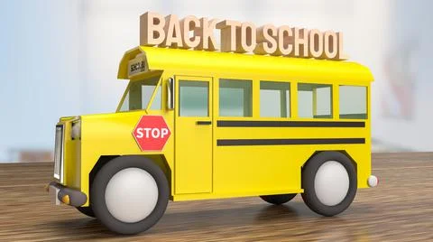 The schoolbus on wood table for back to school concept 3d rendering Stock Photos