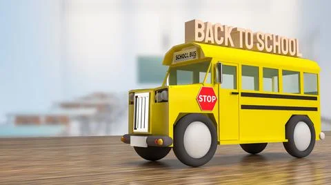 The schoolbus on wood table for back to school concept 3d rendering Foto stock