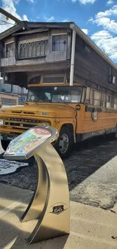 Schoolbus with wooden build on the ceiling Stock Photos