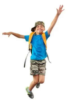 Schoolchild with backpack and a cap jumping Stock Photos