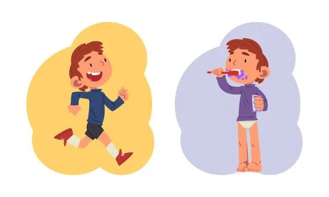 Schoolchild Daily Routine with Boy Brushing His Teeth and Running Vector Set Stock Illustration