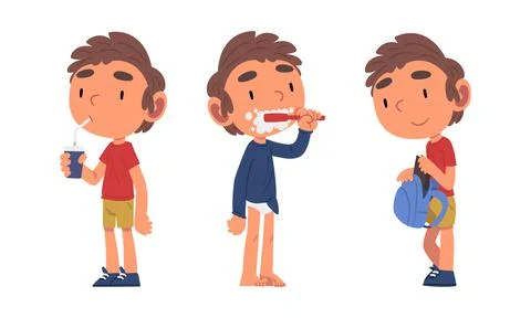 Schoolchild Daily Routine with Boy Drinking Soda, Brushing His Teeth and Putting Stock Illustration