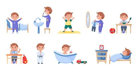 Schoolchild daily routine, everyday schedule and life set Stock Illustration