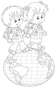Schoolchildren going on a globe Stock Illustration