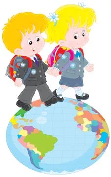 Schoolchildren going on a globe Stock Illustration