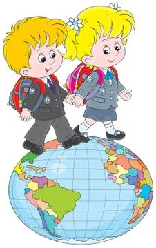 Schoolchildren going on a globe Stock Illustration