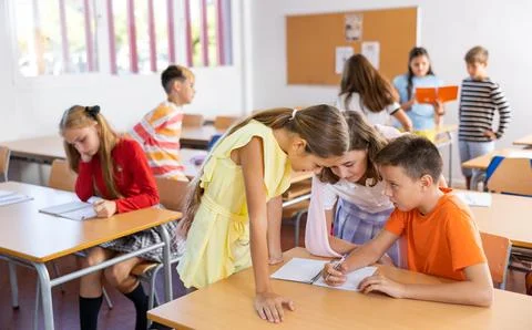 Schoolchildren help each other solve the task in classroom Stock Photos