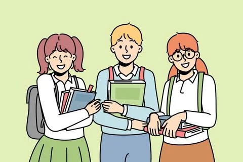 Schoolchildren keep textbooks, like to study. Two girl, boy with college b... Stock Photos