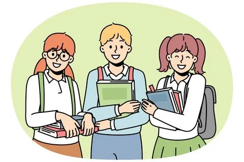 Schoolchildren keep textbooks, like to study. Two girl, boy with college b... Stock Photos