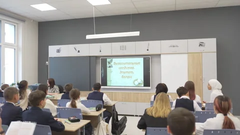 Schoolchildren observe grammar presentation on screen Stock Footage 306417049