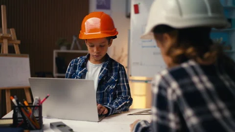 Schoolchildren prepare architectural school project, draw a building blueprint Stock Footage 277899799