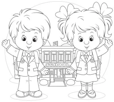 Schoolchildren before a school Stock Illustration