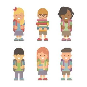 Schoolchildren. Set of six flat characters on white background. Back to schoo Stock Illustration