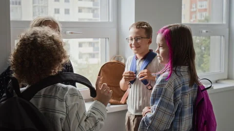 Schoolchildren Talking by Window during School Break Stock Footage 345217200