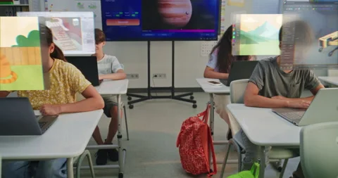 Schoolchildren Using Augmented Reality For Creative Digital Learning Stock Footage 319062372