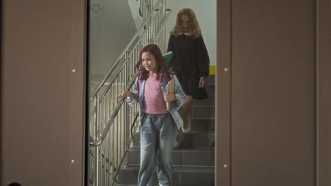 Schoolchildren Walking on Staircase in Elementary School Stock Footage 345217309