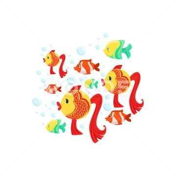 Schoold Of Fantastic Tropical Fishes: Goldfishes, Yellow And Stripy Red Coral Stock Illustration