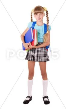Schoolgirl with backpack holding books. Stock Photos