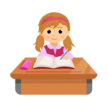 The schoolgirl does her homework while sitting at her desk. The girl writes in a Stock Illustration