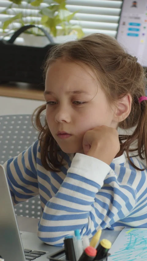 Schoolgirl Doing Test on Laptop at Computer Class Stock Footage 280638514