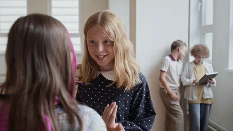 Schoolgirl Hugging Classmate before Talking in School Hallway Stock Footage 345229098