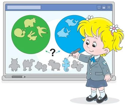 Schoolgirl at the interactive whiteboard Stock Illustration
