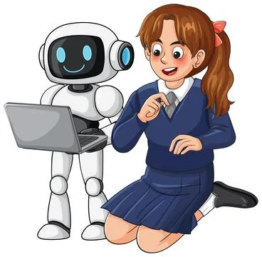 Schoolgirl Learning With Friendly Robot Using Laptop Computer Illustrazione stock