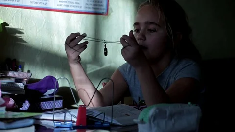 Schoolgirl learns lessons, homework. reading a book, she learns a poem by heart Stock Footage 82758657