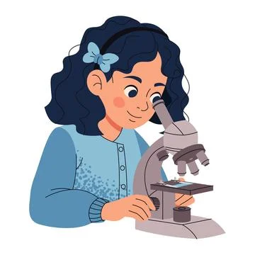 Schoolgirl Looking Through Microscope in Flat Style, Science Class Illustration Stock Illustration