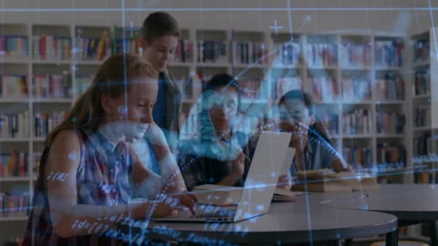 Schoolgirl opening laptop initiating code overlay, teen guiding peers working on Stock Footage 311140461