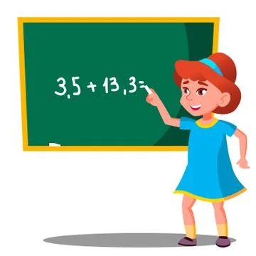 Schoolgirl Solves A Mathematical Problem At The Blackboard Vector. Isolated 스톡 일러스트