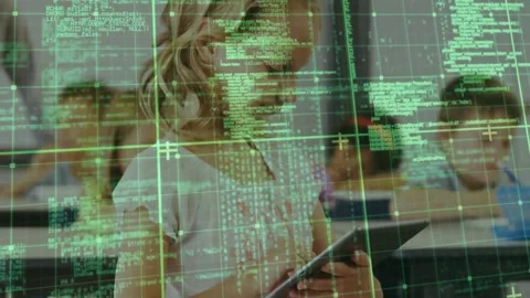 Schoolgirl tapping tablet screen in classroom causing green code overlay growing Stock Footage 327956758